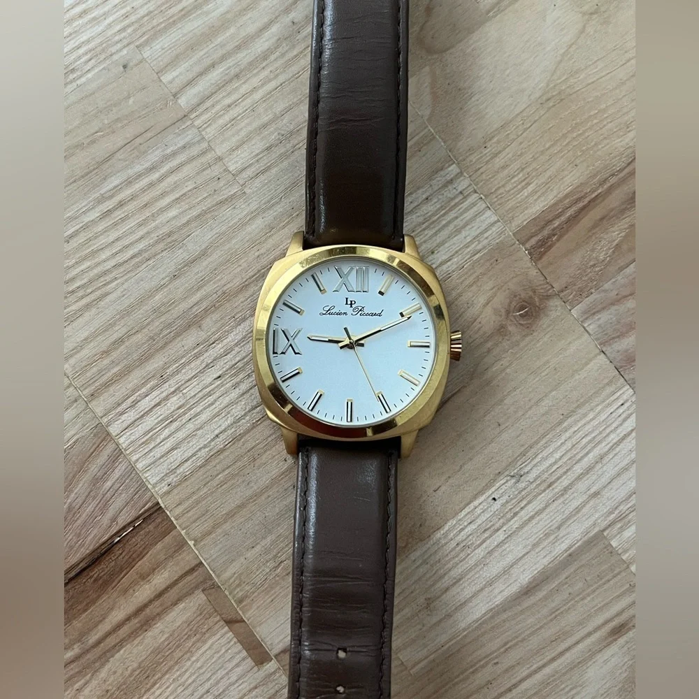 Lucien Piccard Luxury Large Gold-Tone Case Watch Brown Leather Strap White Dial